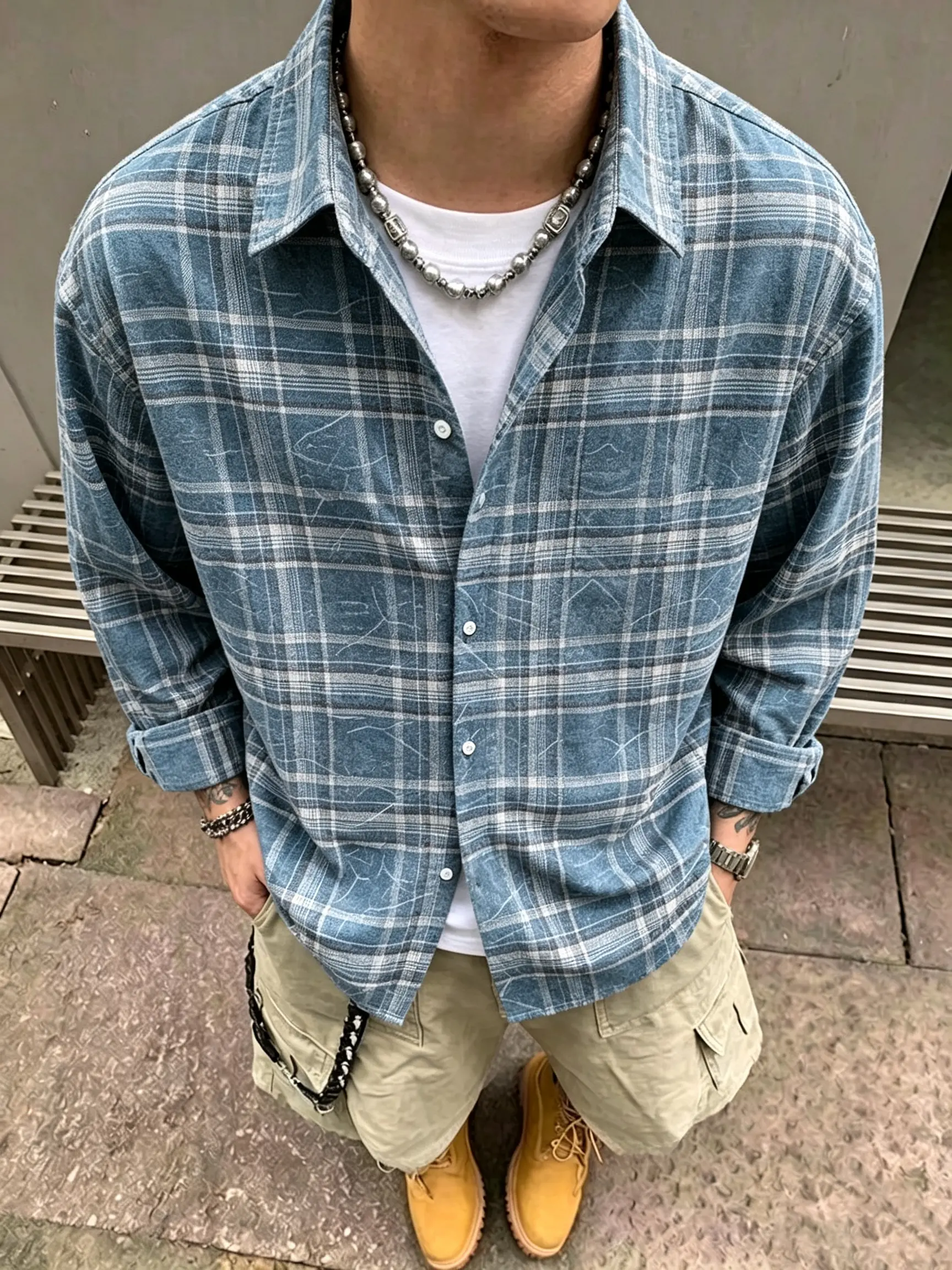 Men’s vintage blue plaid long-sleeve button-down shirts; loose oversized casual flannel shacket without chest pocket; lightweight tartan collared shirt for street daily wear in spring and fall.