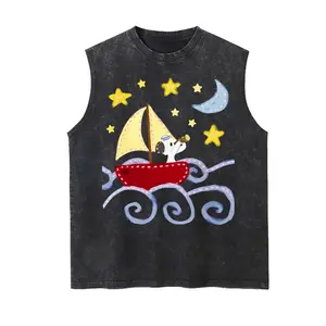 Cute Sailor Dog Night Sailing Aesthetic Tank Top, Vintage Washed Sleeveless Tee, Whimsical Puppy on Boat Moon and Stars Graphic Shirt