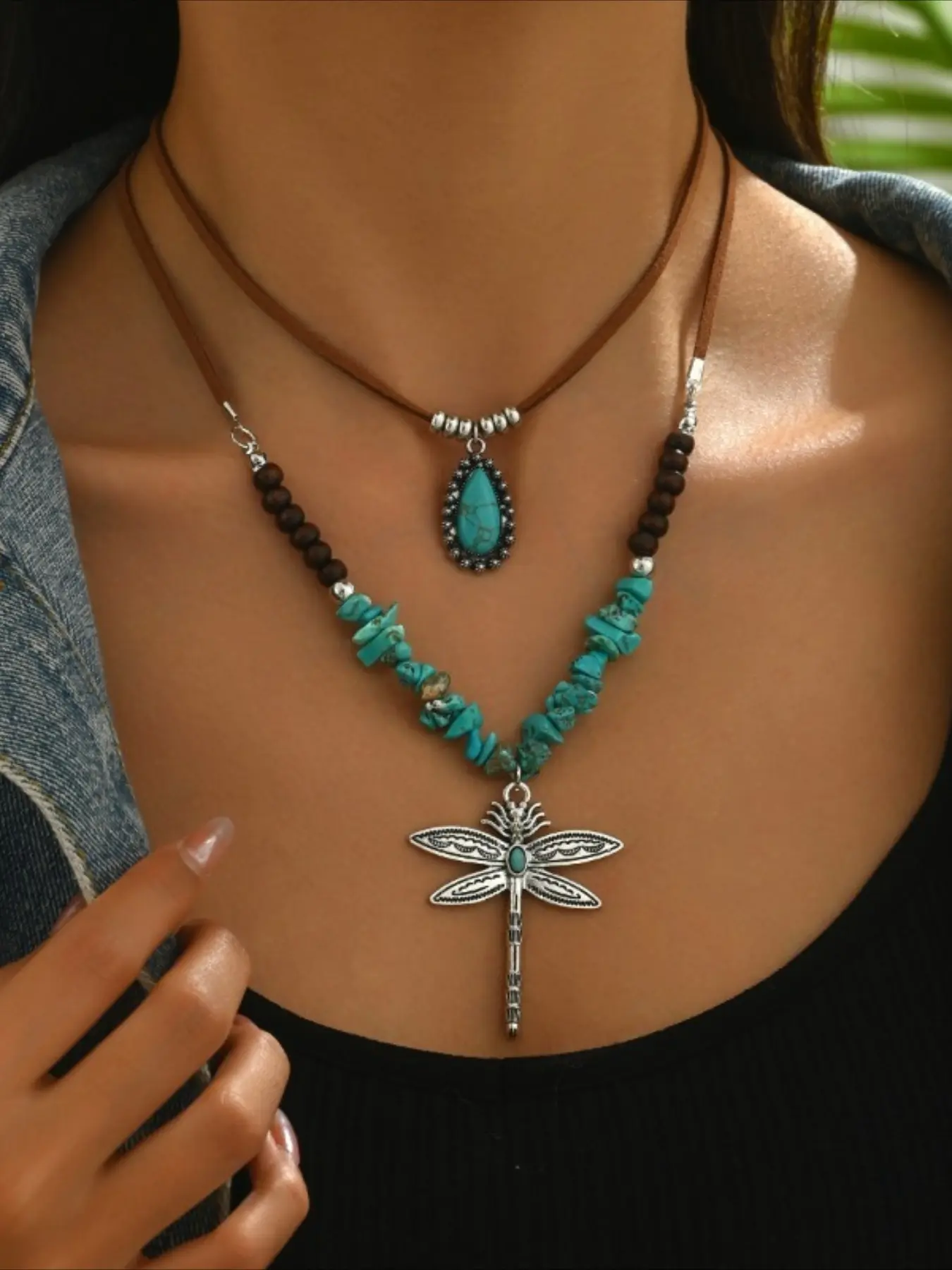 2-piece Bohemian Ethnic Style Vintage Dragonfly Droplet Shaped Imitation Turquoise Pendant Layered Necklace, Retro Women's Party Vacation Personalized Elegant Boho Style Beaded Fashion Costume Jewelry Necklace