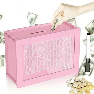 Wooden Savings Box, Countdown Saving Box with 10,000 USD Target, Box with Numbers for Boys & Girls