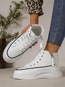 Women's White High Top Chunky Sneakers Side Zipper Hidden Insole White Sneakers Fashion Casual Board Shoes