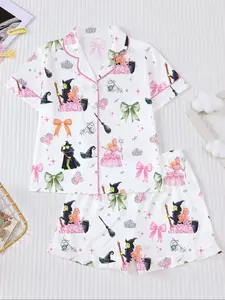 Cartoon Short Sleeve Shorts Pajama Set, New Fire Retardant Button Front Shirt & Loose Elastic Waist Ruffle Pants