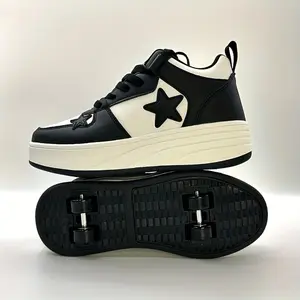 Kids Star Patch 4-Wheel Hidden Roller Skate Shoes, Lace-Up High Top Platform Skate Sneakers, Detachable Wheeled Walking Sports Shoes for Boys Girls Daily Outdoor