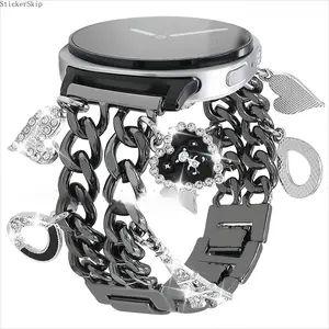 2026 Trendy Cuban Chain Samsung Galaxy Watch 8 Band with Heart Pendant – Fashion Metal Bracelet Strap Compatible with 40/44mm & Watch 8 Classic 46mm, Shiny Cute Jewelry Wristband for Women, Party, Daily Wear & Gift