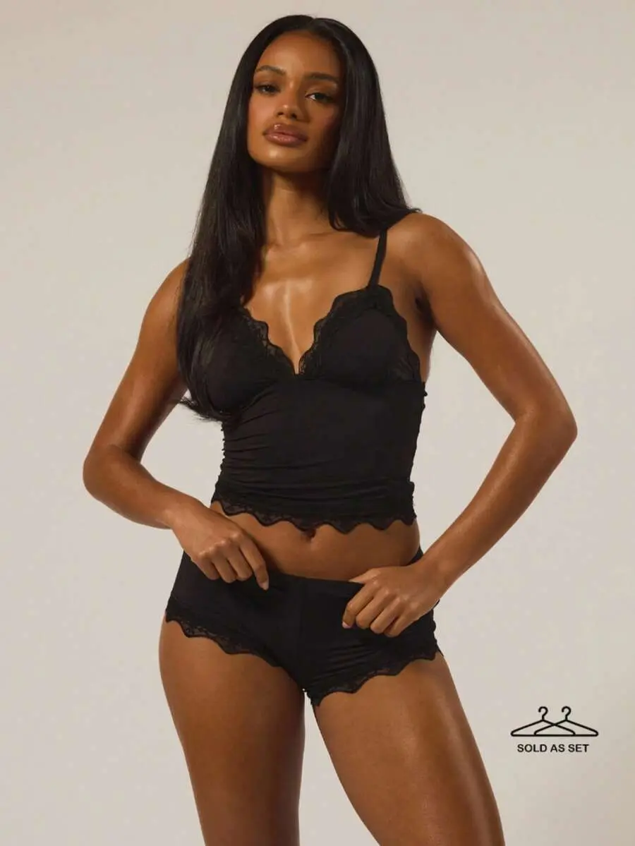 Sleepora x MUSERA Triangle Bust Lace Trim Adjustable Strap Cami Top And Fitted Boxer Boyshort Multipack Set Lingerie Evening Everyday Underwear Sexy Summer