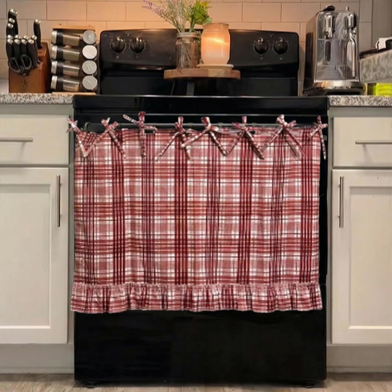 Handmade Oven Skirts Oven Skirt Curtain for Door, Oven Curtain Tie Top Farmhouse Kitchen Décor Heat-Resistant Effortless Install Hide Clutter for Oven,Dishwashers Washing Machine
