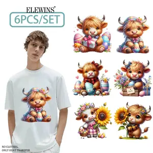 6 Sheets Easter Highland Cow DTF Transfers | Iron on Heat Transfer Papers for T-Shirts, Hoodies, Jeans, Backpacks & Pillows, Machine Washable Plastic | Suitable for Men and Women,