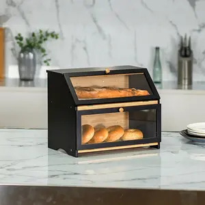 Double Layer Large Bread Box - Dustproof Wooden Large Capacity Bread Storage Bin for Kitchen Counter Home Decor