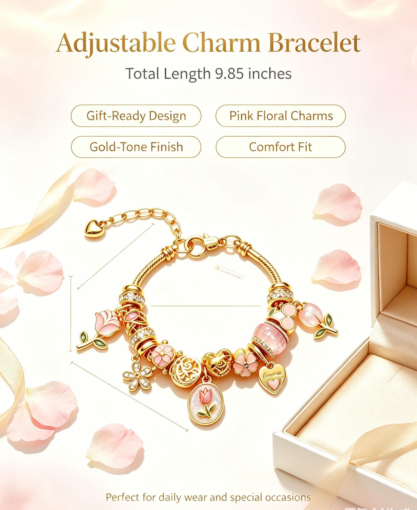 Spring Vibes on Your Wrist, Pink Tulip & Heart Charm Bracelet