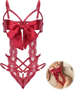 Women Sexy Lingerie Set Unwrap Me Bow Tie Lingerie Lace Smooth Ribbon Lingerie for Ladies Valentines Outfit