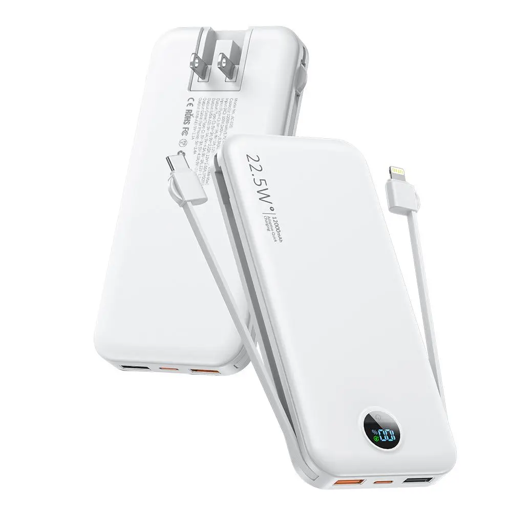 Global Pick Portable Power Bank, 12000mAh Power Bank with Built in Cable, USB-A Output Mobile Charger for Most Electronic Devices, Phone