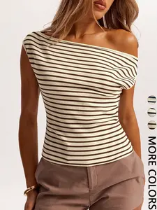 1 Piece Retro Style One-Shoulder Sleeveless Slim Fit Striped Waffle Knit Top