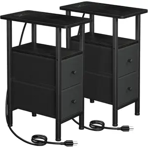 Narrow Nightstand with  Station, End Tables Living Room Set of 2, Skinny Side Table with Fabric Drawers, Slim Sofa Table for Bedroom, Small Spaces, Couch, Black, HETNDP02BK