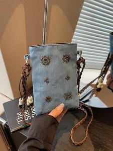 2026 Spring New Beaded Embroidery Small Square Bag, Trendy Unique Fashion Denim Handbag, Stylish Casual Shoulder Bag, Denim Crossbody Bags
