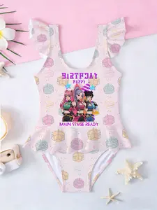 K-POP Cartoon Kids Girls One-Piece Swimsuit, Birthday Cake Ruffle Beach Swimwear, Best Gift for Birthday & Back to School