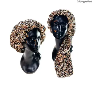 Polyester Adjustable Double-Layer Stretch Satin Sleep Cap - African Leopard Print Hair Bonnet