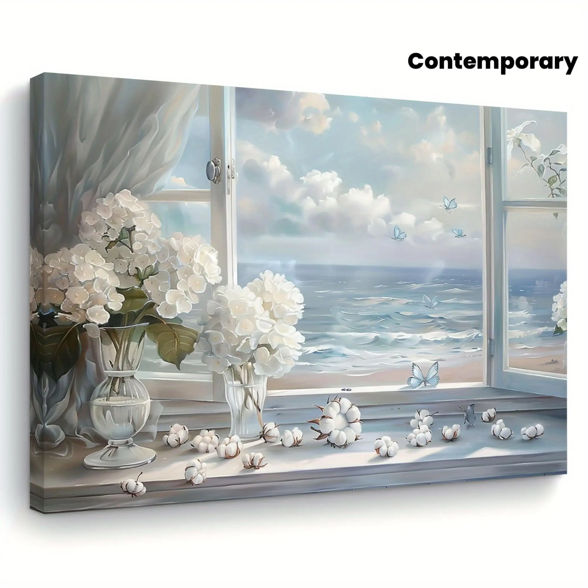 1pc Wood-Framed Canvas Wall Art - Serene Seascape with White Hydrangeas, Butterflies, Contemporary Cottage Style, Ready-to-Hang Indoor Decor for Living Room, Bedroom, Ideal Home Decoration Gift, Detailed Artwork