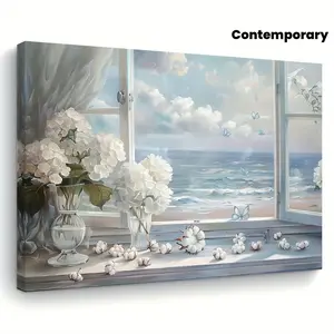 1pc Wooden Framed Canvas Wall Art - Serene Seascape with White Hydrangeas & Butterflies, Contemporary Cottage Style, Ready-to-Hang Indoor Decor for Living Room, Bedroom, Kitchen, Office - Ideal Gift for Home Decoration, Detailed Artwork, Co