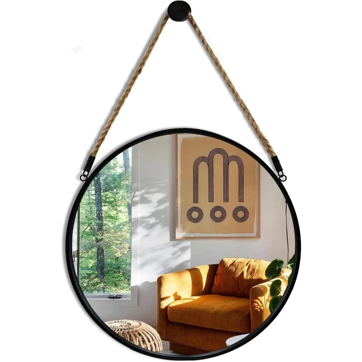 Round Hanging Mirror with Rope, 15" Circle Wall Mirror with Black Metal Frame, Farmhouse Decorative Mirror for Entryway, Living Room, Fireplace, Bedroom, BathroomGift.