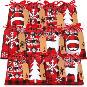 Christmas Drawstring Gift Bags, 15 PCS Xmas Gift Bags with 15 Tags 7 Design 5 Size Large or Small Wrapping Bags, Reusable Christmas Goody Bags Xmas Tie Bags for Party, Presents, Holiday Decorations