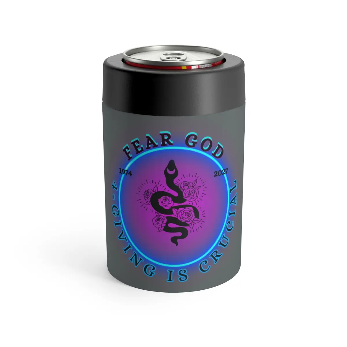Koozie, Cousy, How ever you say it, Insulated Drink Cooler for 12oz Cans and Bottles, Anti-Slip Surface, Metal Finish, Stainless Steel, Rubber Lid,