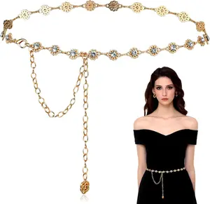 Diamond Flower Waist Belt Decorative Rhinestone Dress Belt Gold Sparkly Crystal for Women Formal Dresses Gold Bling Diamond Wedding Dress Bridal Chain Belts