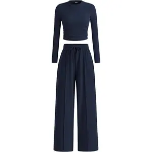 Casual 2 Piece Sets For Women Fall Outfits 2025 Ribbed Long Sleeve Crop Top Wide Leg Pants Matching Lounge Set