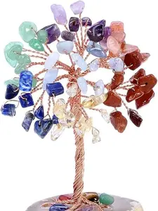 7 Chakra Crystal Money Tree,Mini Rainbow Quartz Gemstone Tree Feng Shui Healing Crystal Life Tree Ornaments Agate Slice Geode Quartz Stone Stand for Home Office Decor