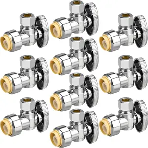 1/2/5/10/20pcs Stop Valves, 1/2" x 3/8" Angle Stop Valve, 1/2" PTC Input, 3/8" OD  Output, Push to Connect, 1/4 Turn, Chrome Plated Brass for Faucet, Toilet Valves, No Lead (10pcs Angle)