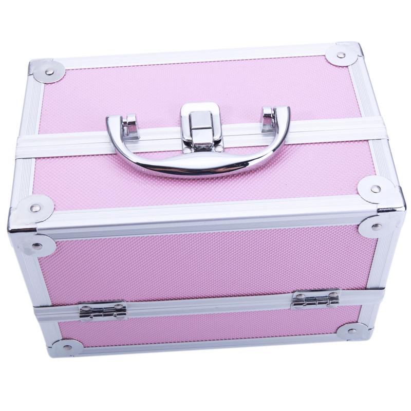Aluminum Makeup Train Case Jewelry Box with Mirror Pink Lockable Handle Accordion Style Fold Out Compartments Compact Design Travel Essentials
