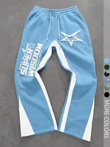 Unisex Street Style Letter, Star & Patchwork Print Athletic Pants, Fitted Moderate Fabric, All Seasons Wear, Perfect for Y2K Fashion & Casual, Streetwear