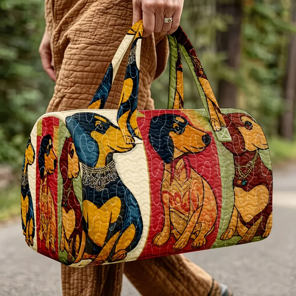 Quilted Anthropomorphic Dachshund Jewelry Necklace Cylinder Bag, Large Capacity Cylindrical Travel Tote Bag, Retro Playful Pattern Vintage Fashion, Suitable for Dog Lovers Women, 1 pc, Overnight Weekend Style, Halloween Thanksgiving Christmas Gift Random
