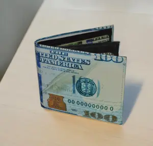 Leatherboss Men's Bifold Exotic Wallet with Hundred Dollar Bill Design Genuine Leather Printed 6 Card Slots 2 ID Windows 2 Money Pockets in Gift Box