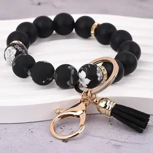 Sunflower Keychain & Coin Purse with Tassel Gold Color Clasp Print Silicone Beads Bracelet Anti Loss Ornament