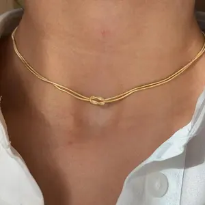 Stainless Steel Gold Color Knotted Snake Chain Necklace for Women Vintage Double Layered Chain Necklace Bracelet Jewelry Gift
