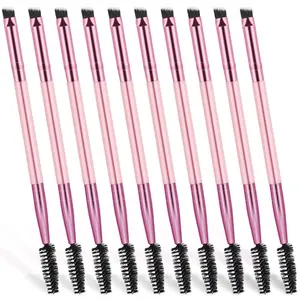 10 Pieces Duo Eyebrow Brush, Angled Eye Brow Brush and Spoolie Brush for Shaping & Filling Eyebrows Lash Tint Brush Comb Eyebrow Spoolie Brush for Brows or Lashes (Pink)