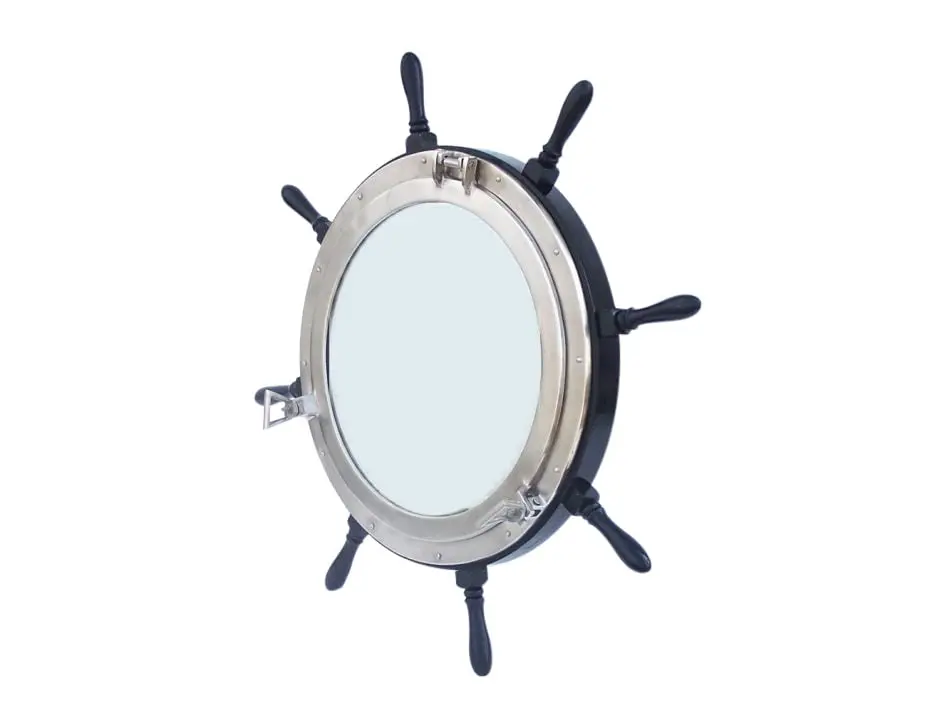 360-Degree Rotatable Handcrafted Round Vintage Wall Mirror - SW-36-Mirr-BN, 5x36x36in Deluxe Wood & Brushed Metal Ship Wheel Porthole, Functional Decorative Accent Circular Detail Wall Mount Mirror for Room Decor