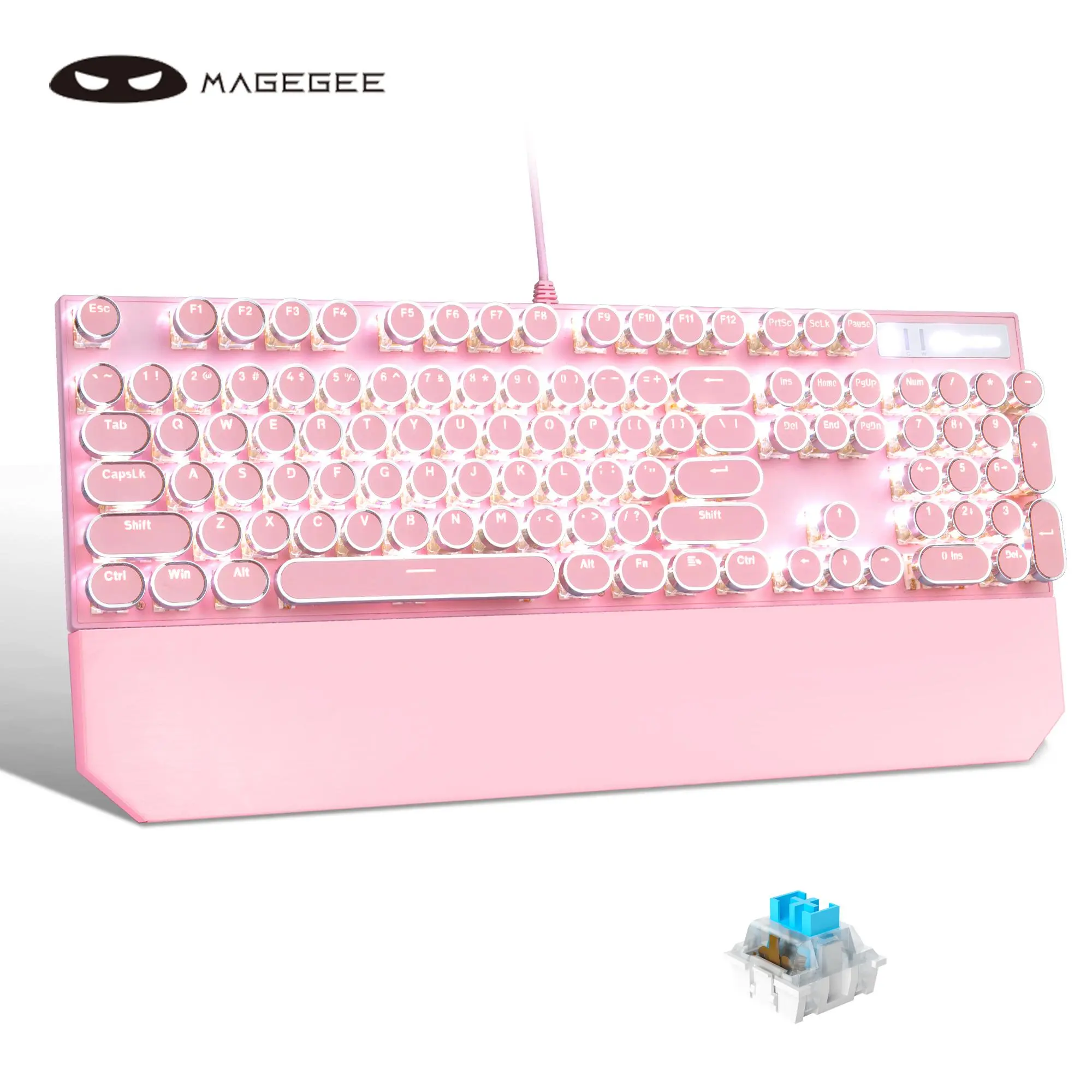 MageGee MK-Storm Full Size 104-Key Punk Style Retro Typewriter Mechanical Keyboard, Backlighted Keys, Clicky Sound, Aluminum Alloy, MK-Punk Black-Blue Switch, Durable Ergonomic Gaming Keyboard with Wrist Rest