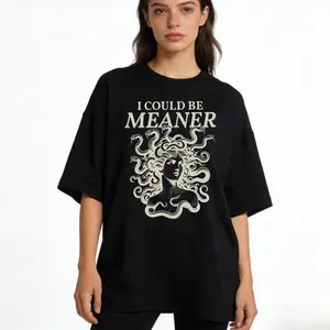 Women's "I Could Be Meaner" Medusa Gorgon T-Shirt - Greek Mythology Sarcastic Casual Solid Ribbed Seamless Short-Sleeve Adult Humor Gag Weirdcore Aesthetic Smooth Fabric Top