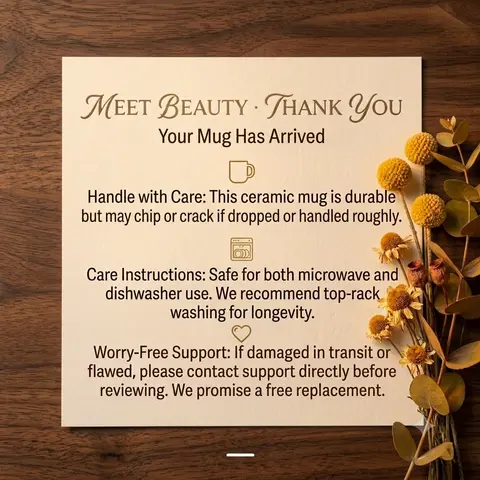 Fragile-Safe Premium Insert Card for Kitchenware, Drinkware, Mugs - Gift-Ready Custom Instructions, Product Warranty, Assurance