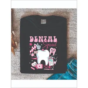 Women's Dental Squad T-Shirt 100% Cotton Short Sleeve Crew Neck Cute Tooth Print Tee Gift for Dentist & Dental Student