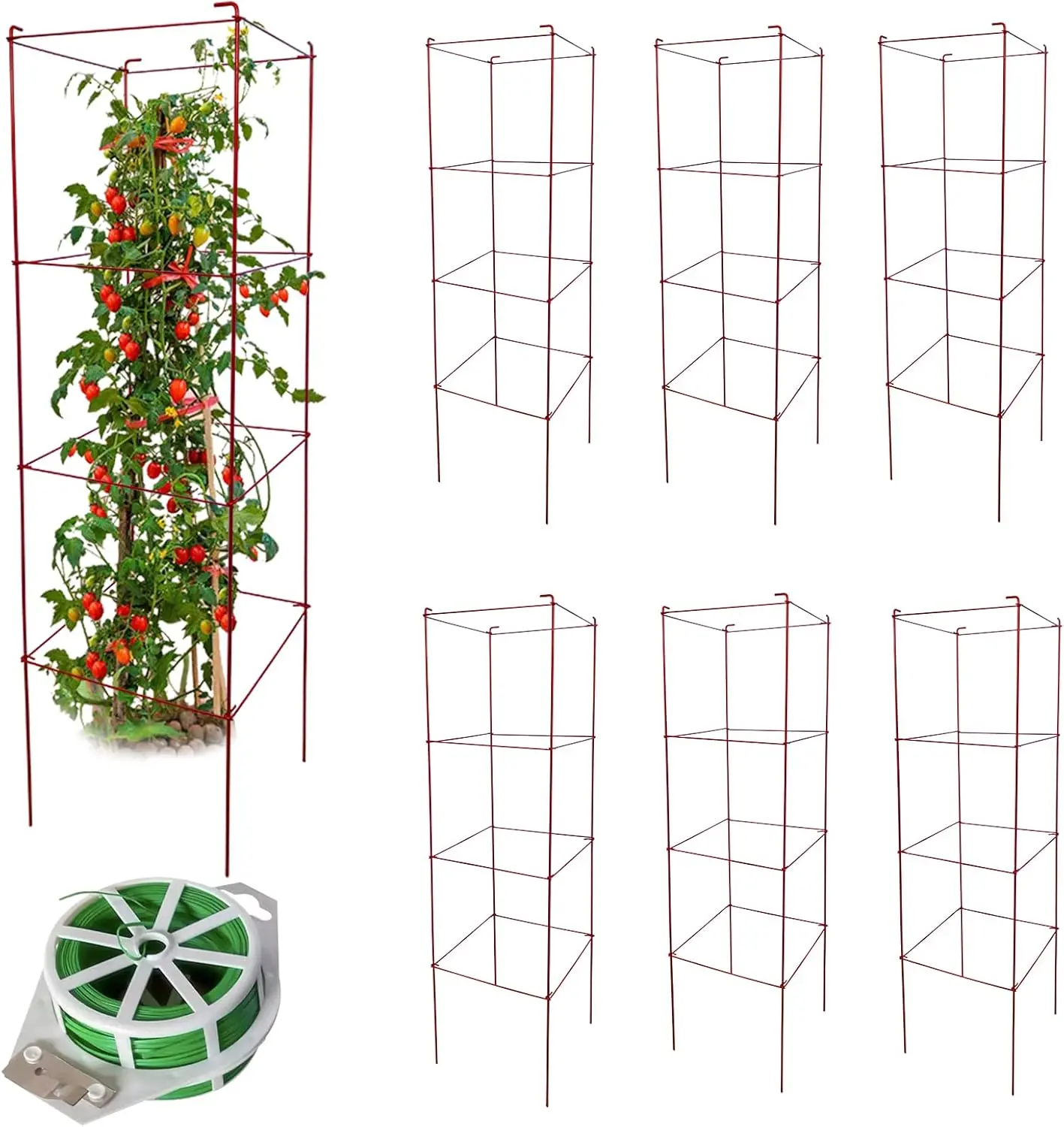 ARIFARO Tomato Cages 6 Packs 46 Inch (H) Plant Stand with 164 Feet Twist Ties, Heavy Duty Garden Plants Support for Tomatoes, Cucumber, and Other Climbing Plants (Red)