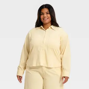 Women's Long Sleeve Cropped Corduroy Collared Neck Button-Down Shirt - Universal Thread Cream XXL