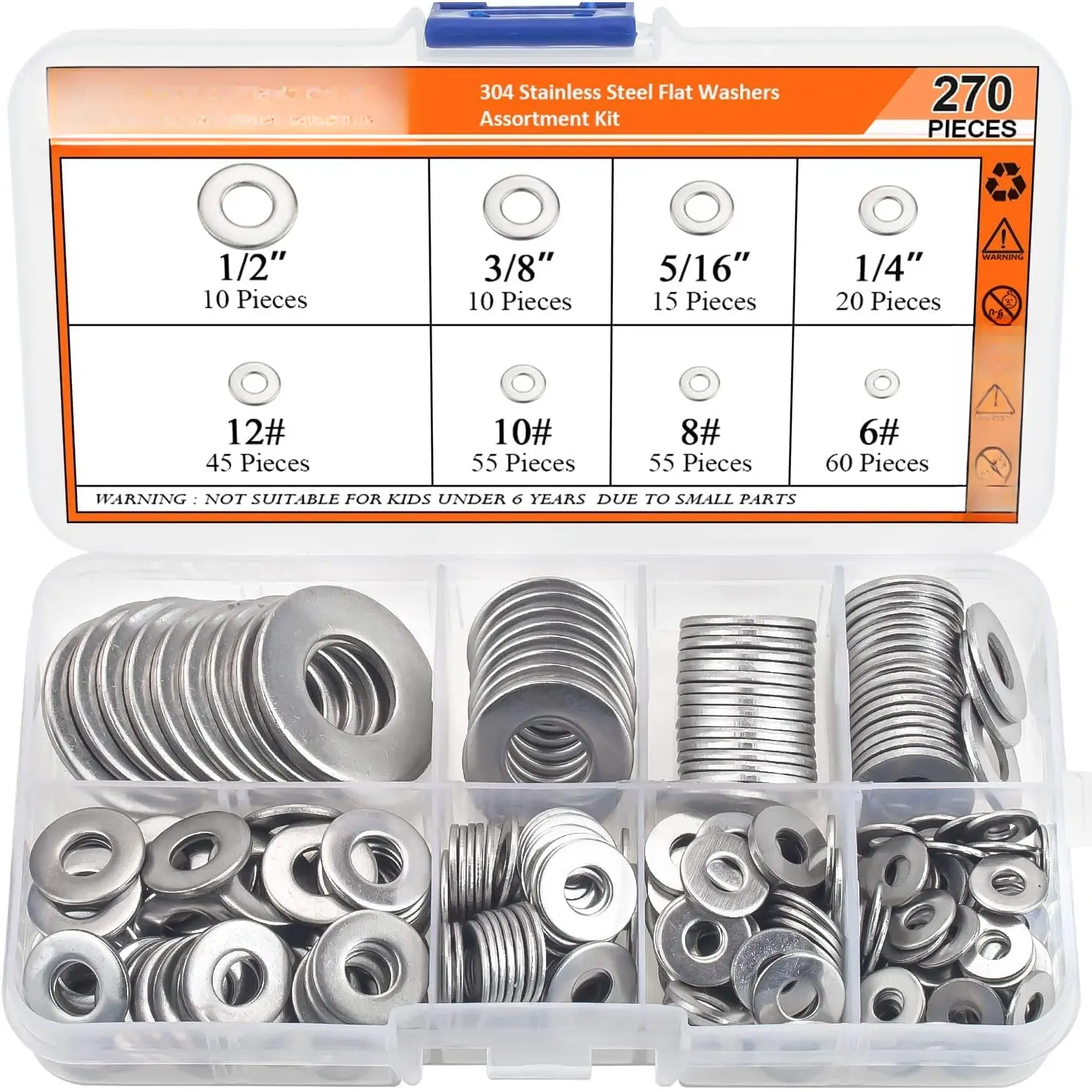 270 count 8 Sizes Stainless Steel Flat Washers Assortment Kit, 1/2 3/8 5/16 1/4 12# 10# 8# 6#