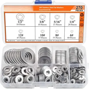 270 count 8 Sizes Stainless Steel Flat Washers Assortment Kit, 1/2 3/8 5/16 1/4 12# 10# 8# 6#