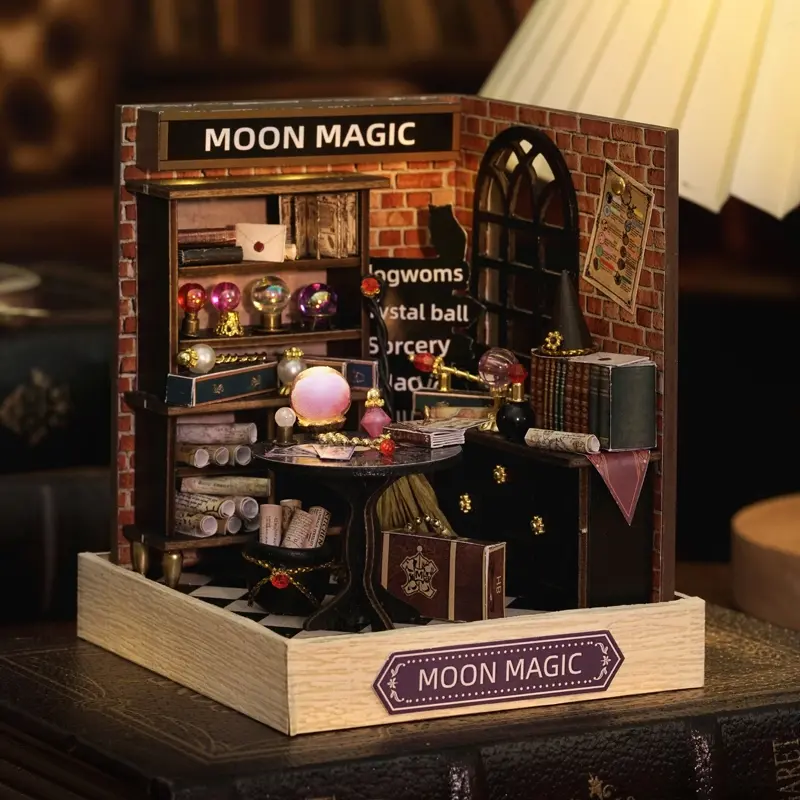 Magic Moon DIY Dollhouse Kit with LED Lights, Wooden Doll House, Handmade Miniature House Model, Creative Birthday Gift for Craft Lovers, Playhouse, No Tools Included, Miniature Set