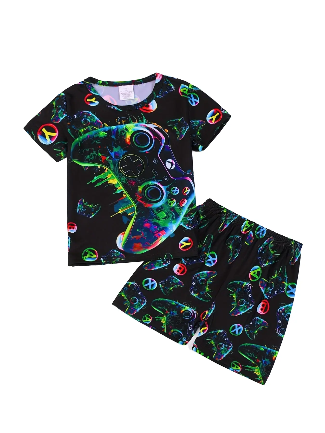 Boys' Short Sleeve Pajama Set, Cartoon Game Controller Print, Breathable & Comfortable, Home & Use, 2-Piece Set, Sleepwear for Summer, Cartoon Pattern Pajamas