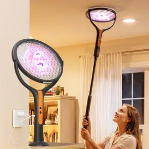 Aeroguard 2-in-1 Electric Fly Swatter with 106.8CM Telescopic Handle, 180° Rotating Rechargeable Mosquito Zapper Racket, Auto Violet Light Bug Lure Trap with Dock for High Ceiling Indoor Outdoor