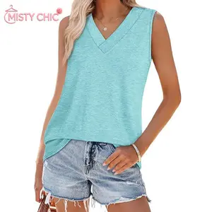 MISTY CHIC Tank Tops For Women Summer V Neck T Shirts Trendy Sleeveless Basic Tee Loose Fit2026 Fashion Solid Color V-Neck Loose Sleeveless Casual T-Shirt Vest Top