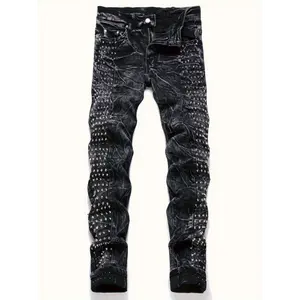 Men's Slim-Fit Rivet-Studded Denim Jeans - Punk Style, Stretch Cotton Blend, Perfect for Nightclubs & Streetwear